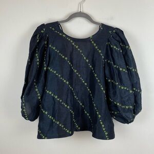 Ganni Linen & Silk Puff Sleeve Blouse Top